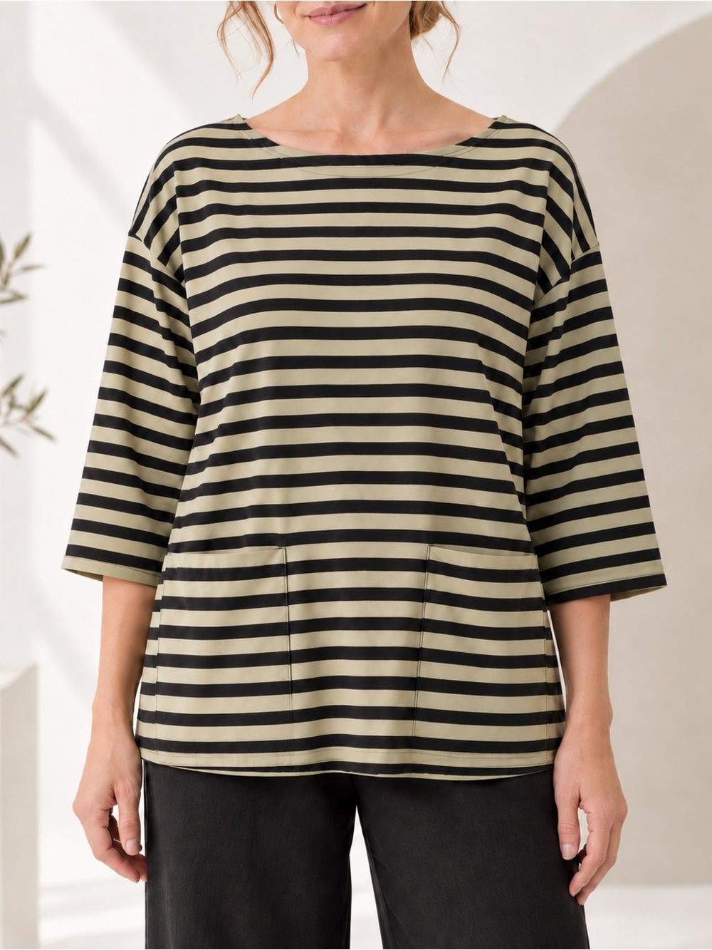 Marimekko Olive Black Striped Cotton Pocket Top Made in Finland Size M